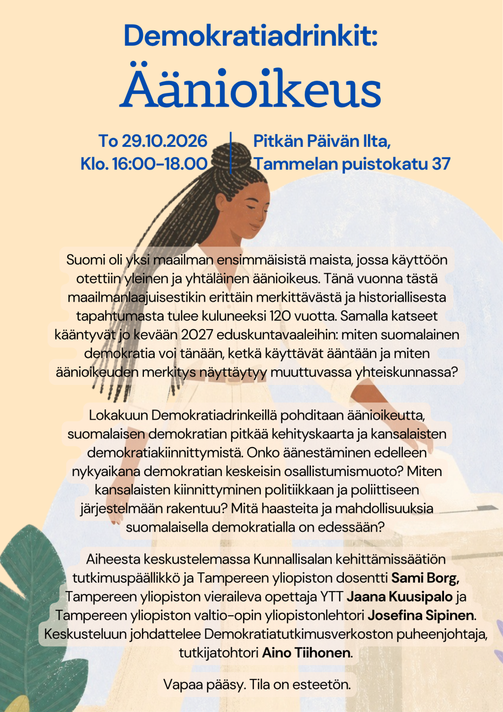 Demokratiadrinkit 29.10. Äänioikeus Pitkän päivän ilta