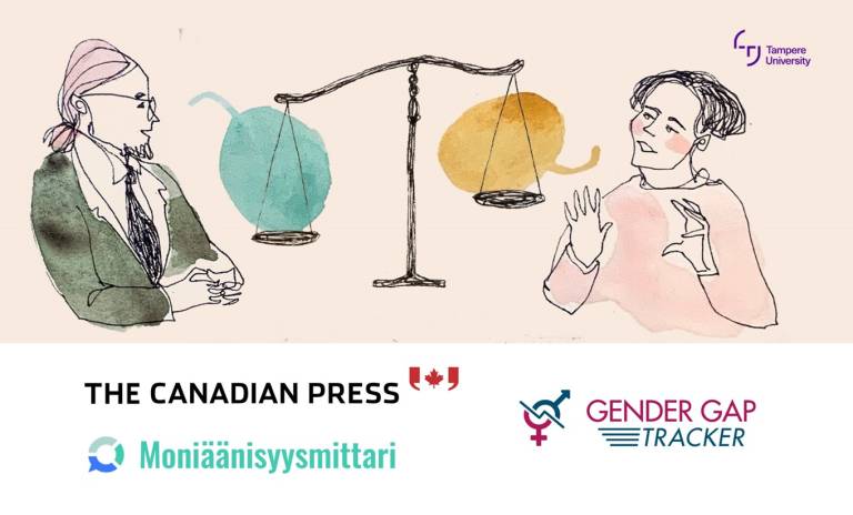 Picture shows two people discussing. Empty speech bubbles coming from their mouths are placed on the opposite ends of a scale that is slightly tipped to the left side. Below the picture are three logos: The Canadian Press, Gender Gap Tracker, and Moniäänisyysmittari.