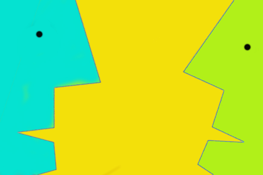 Kolmivärinen piirroskuva, jossa kahden ihmishahmon kasvot vastakkain keskustelemassa. Toinen hahmo on turkoosi, toinen vihreä. Kuvan taustaväri on keltainen.