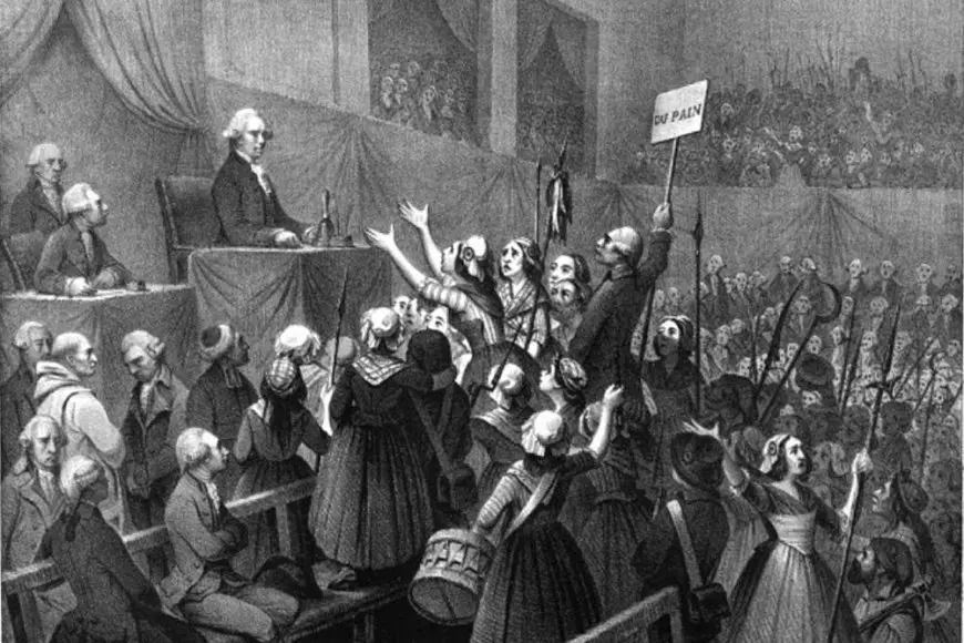 Vanha mustavalkoinen piirros tai maalaus, jossa väkijoukko pyrkii kohti korokkeella istuvaa peruukkipäistä miestä.