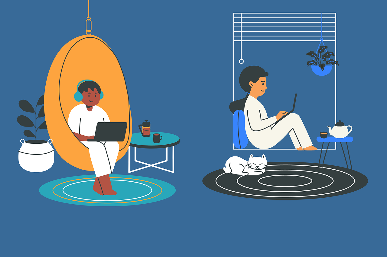 Piirroskuva, jossa kaksi lasta: toinen istuu tuolissa läppäri sylissä ja kuulokkseet korvilla, toinen ikkunalaudassa älylaite kädessään.