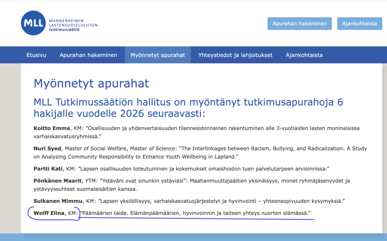 Elina Wolffin imi apurahan saajissa alimmaisena listauksessa.
