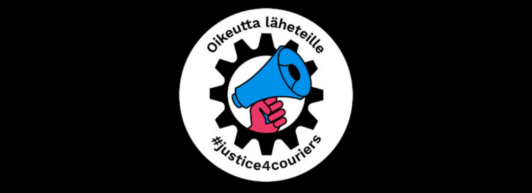 justice 4 couriers logo: cog and megaphone with text "oikeutta läheteille!" and "#justice4couriers"