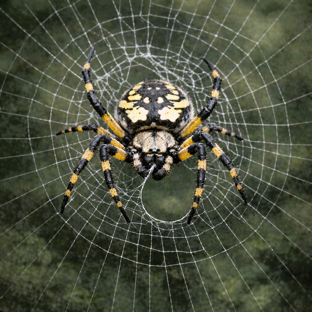 A spider ingesting it's damaged web. Many spider species consume their damaged webs to recycle the valuable proteins, amino acids, and nutrients used to create them.