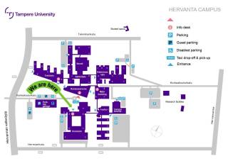 Map of Hervanta campus with an arrow pointing to our building location- Konetalo