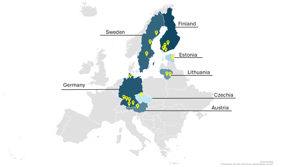 Map of 7 European countries: Finland, Sweden, Germany, Austria, Estonia, Lithuania, and Czechia. Map pins of collaborator companies located on the map.