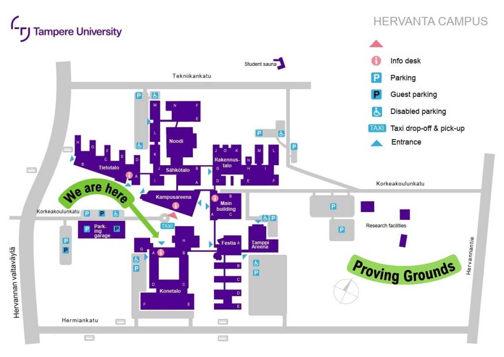 Map of Hervanta campus with an arrow pointing to our building location- Konetalo. Also, label indicating location of Proving Grounds on the map.