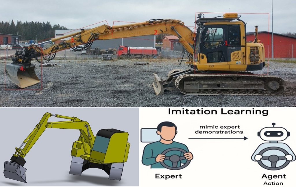 An image of a real excavator and simulated excavator with a depiction of Imitation Learning.