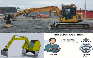 An image of a real excavator and simulated excavator with a depiction of Imitation Learning.