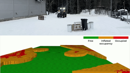 Gif image/video of a wheel loader traversing on snow with simulated CBF obstacles