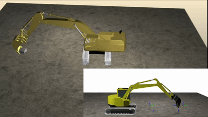 Gif image/video of 2 excavators within a simulator- one is trenching, one is excavating a rock.