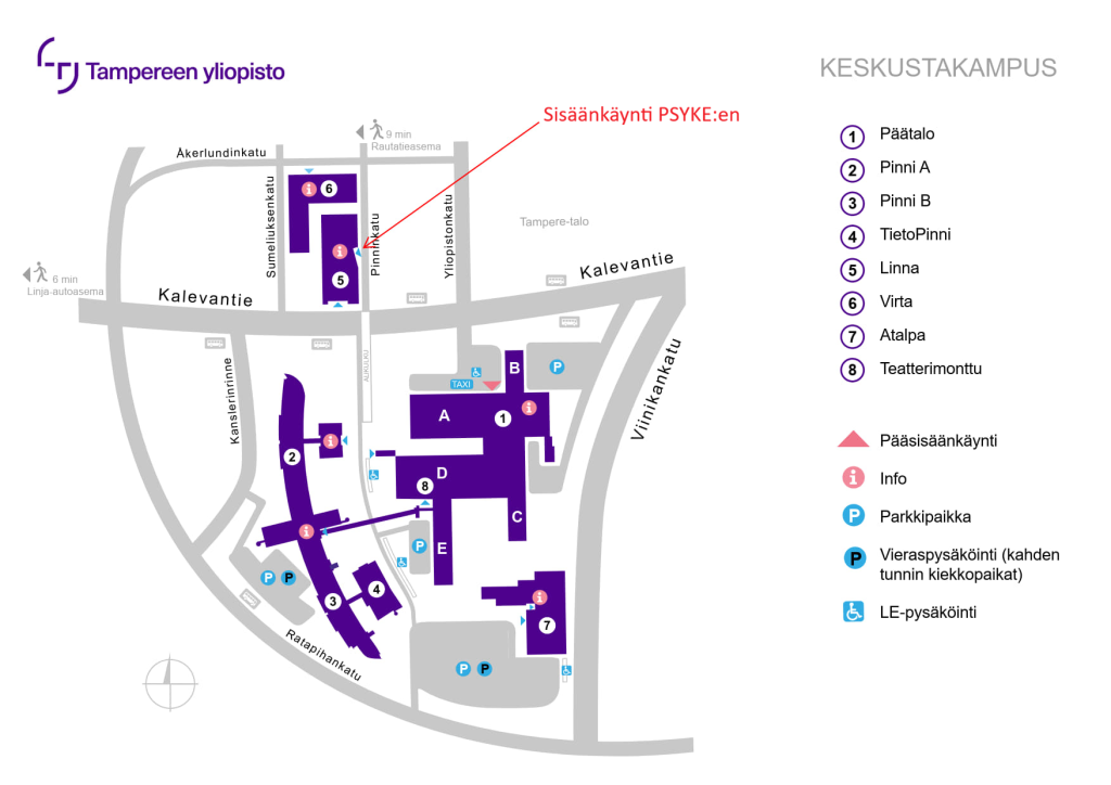 Keskustakampuksen kartta ja PSYKE:n sijainti.