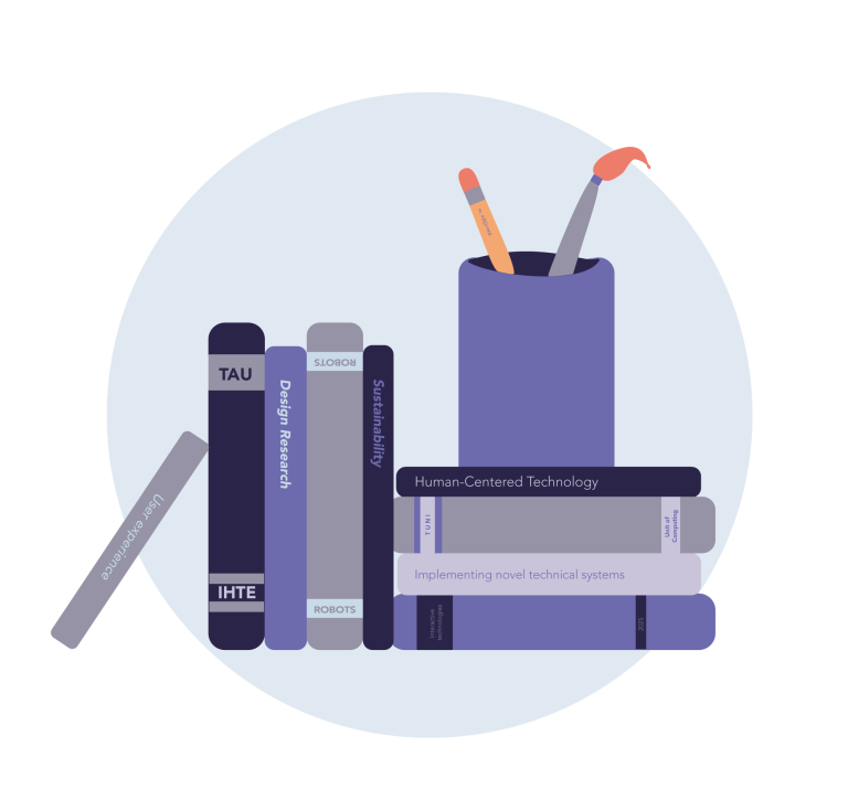 Illustration of research in IHTE (Human-Centered Technology) research group, specializing in human-technology interaction, AI design, social robotics in education, sustainable technology, and youth participation platforms at Tampere University