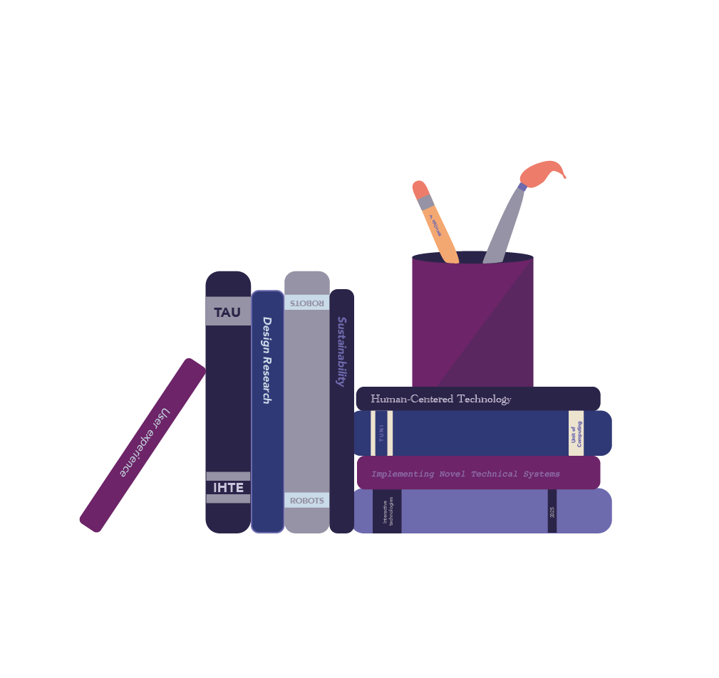 Illustration of IHTE contributing to social robots, sustainability and hci research. Showcasing books and publications.