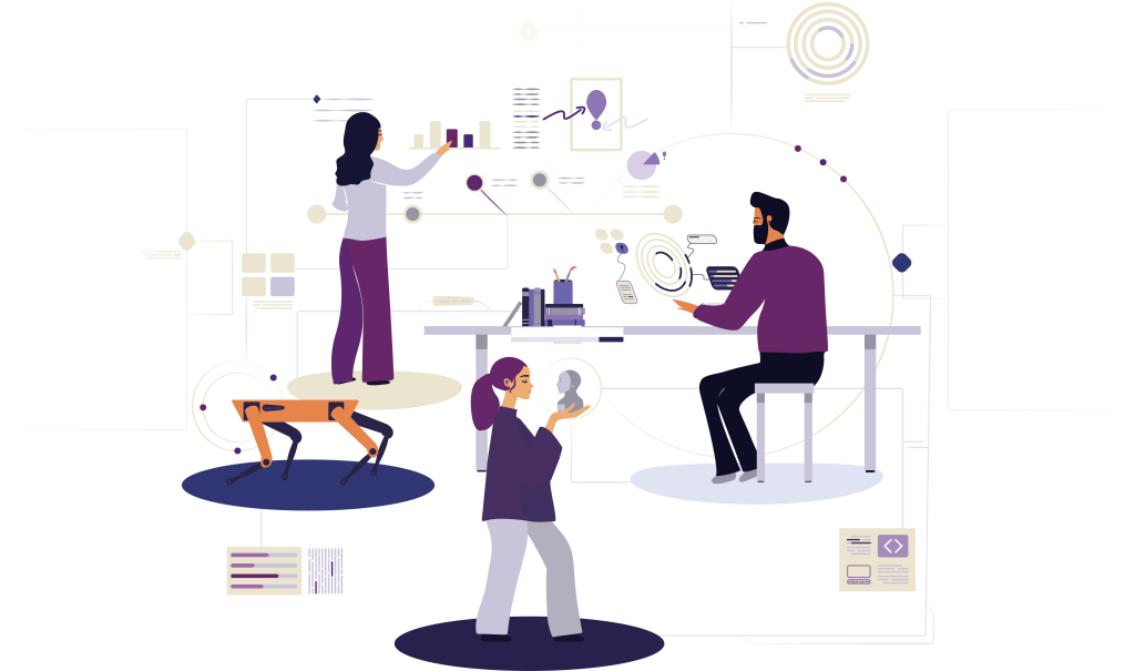 Illustration depicting IHTE's contribution to Human Computer Interaction (HCI) research and education in University of Tampere, Finland. The drawing is made by Matilda Kalving, who did her phd in Tampere University, under the supervision of Kaisa Väänänen, head of IHTE.