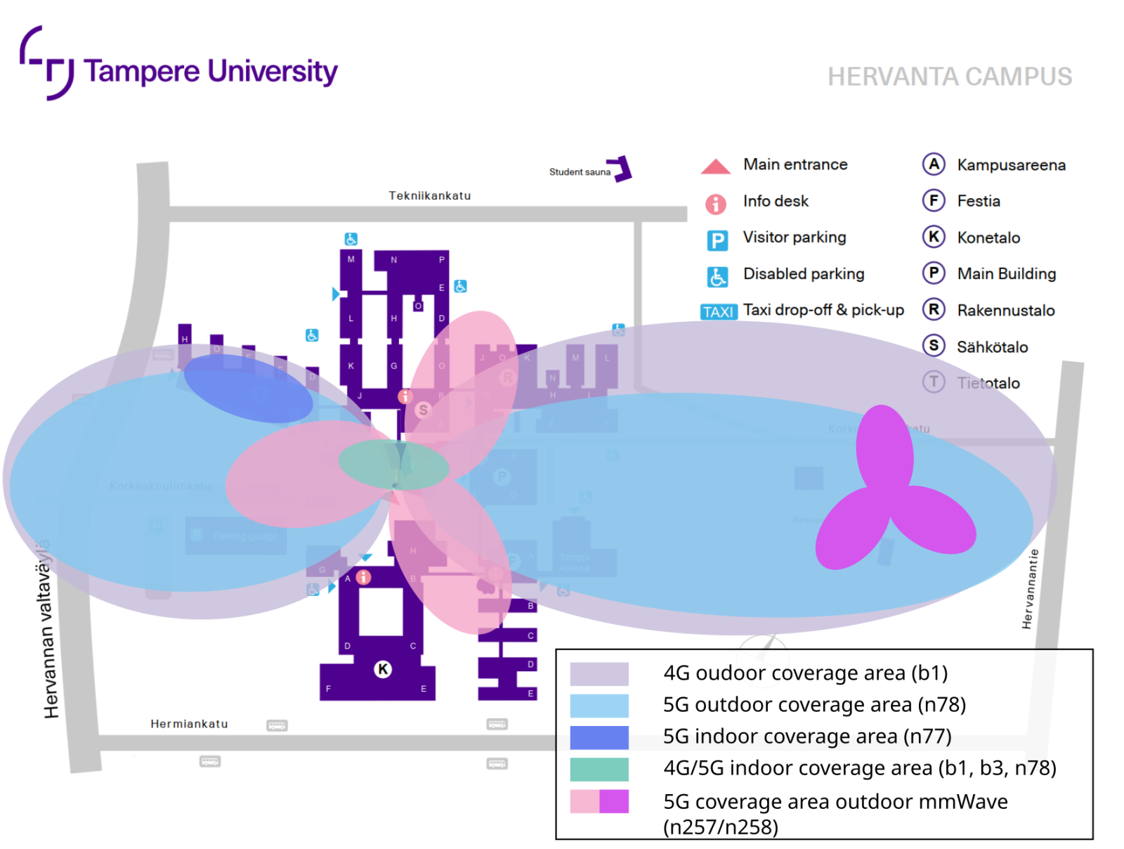 Approximation of the coverage areas of 4G and 5G test networks visualized on top of Hervanta campus map.