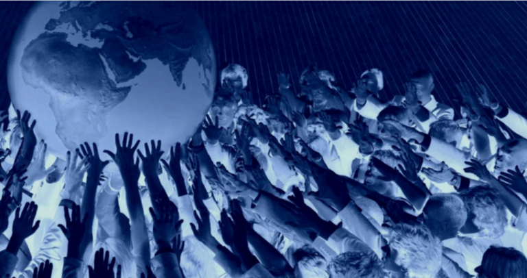 Decorative picture of hands reaching toward a globe, negative colours