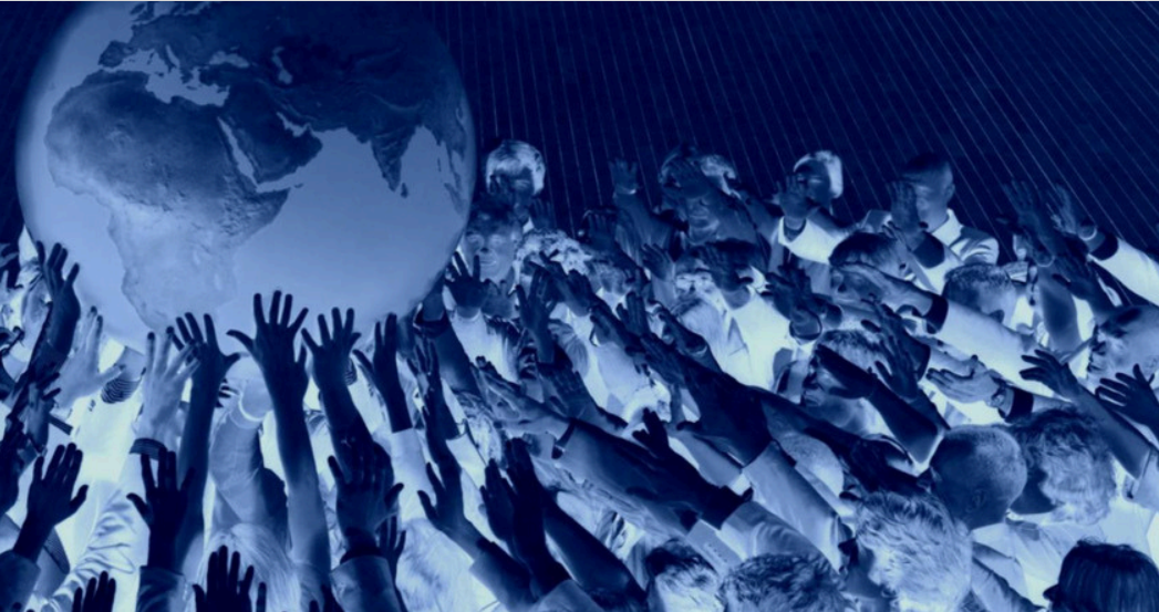 Decorative picture of hands reaching toward a globe, negative colours