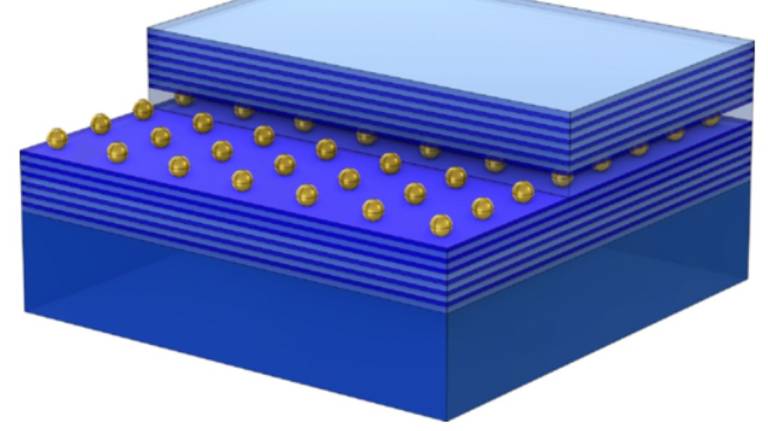 3D illustration of a nanoparticle array embedded between two multilayer Bragg-reflector stacks forming a waveguide