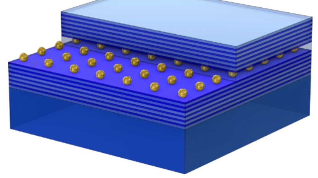 3D illustration of a nanoparticle array embedded between two multilayer Bragg-reflector stacks forming a waveguide