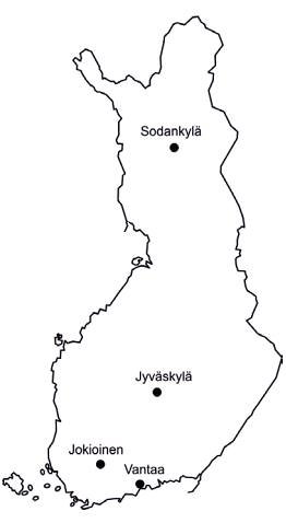 Suomen kartalla esitetyt paikkakunnat Sodankylä, Jyväskylä, Jokioinen ja Vantaa olivat mukana mitoitusolosuhteiden valinnassa.