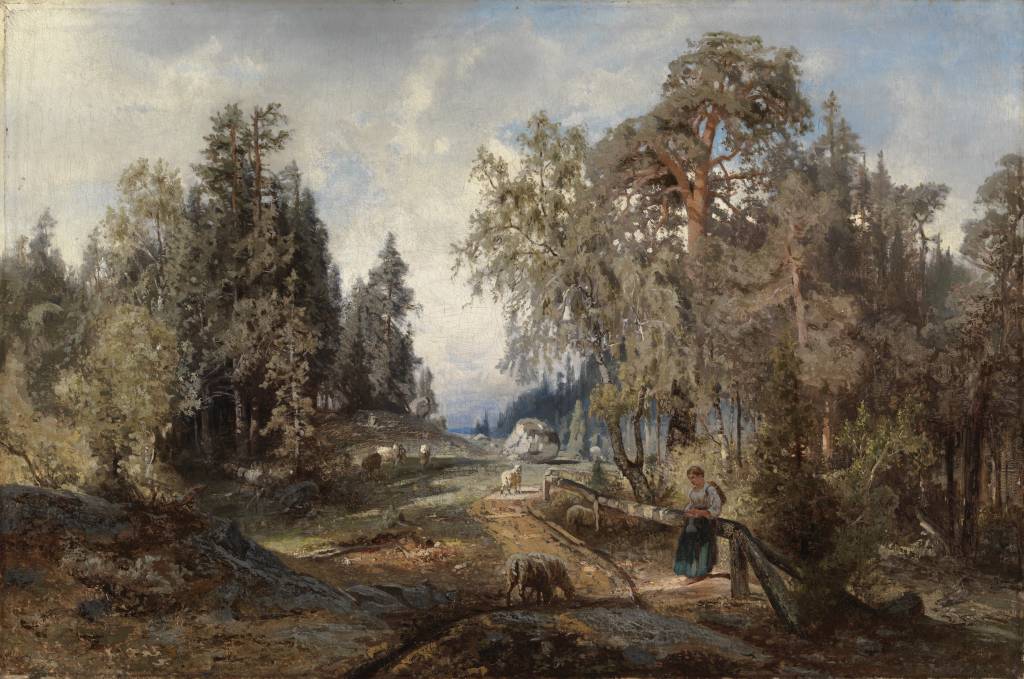 Kuvassa vihertävänsävyinen metsäinen öljyväreillä maalattu maisema, nuori nainen tuohikontti selässä sekä lampaita.