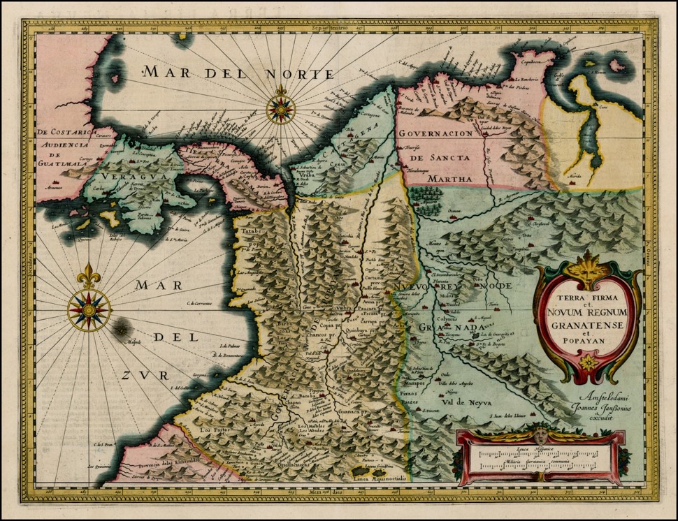 Kuvassa on historiallinen kartta Popayánista, Uudesta Granadasta sekä Tierra Firmestä, nykyisten Kolumbian ja Panaman alueilta. Tausta on kellertävä, alueen rajat on vahvat ja kartan sisällä alueet on merkitty pastellivärein.