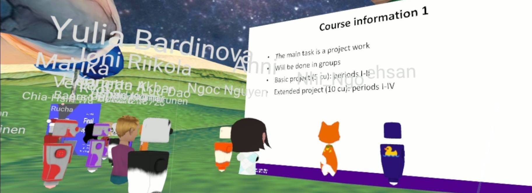 A scene from the virtual teaching environment: a screen with course information slide on the back and avatars with names representing the participants in front of it.