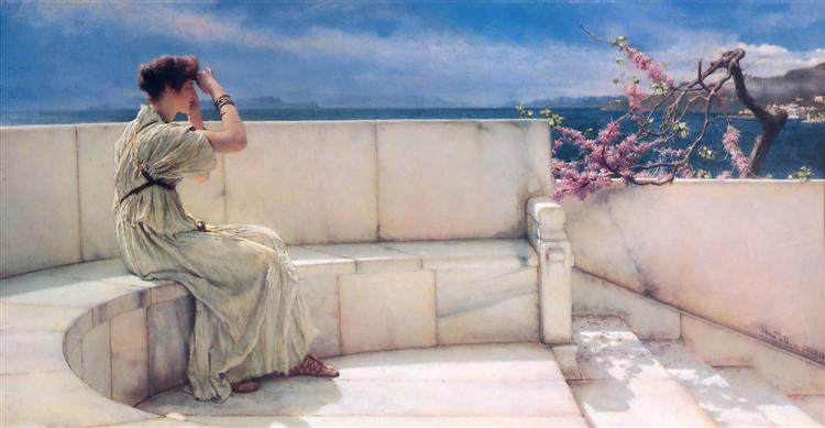 Maalauksessa yksinäinen nainen valkoisessa vaatteessa tähyilee merelle. Välimeri ja marmori hohtavat kilpaa häikäisevässä auringossa.