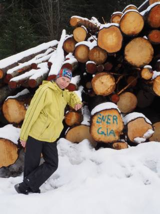A woman next to a pile of felled trees. In the bottom of one tree is a text "energy". 
