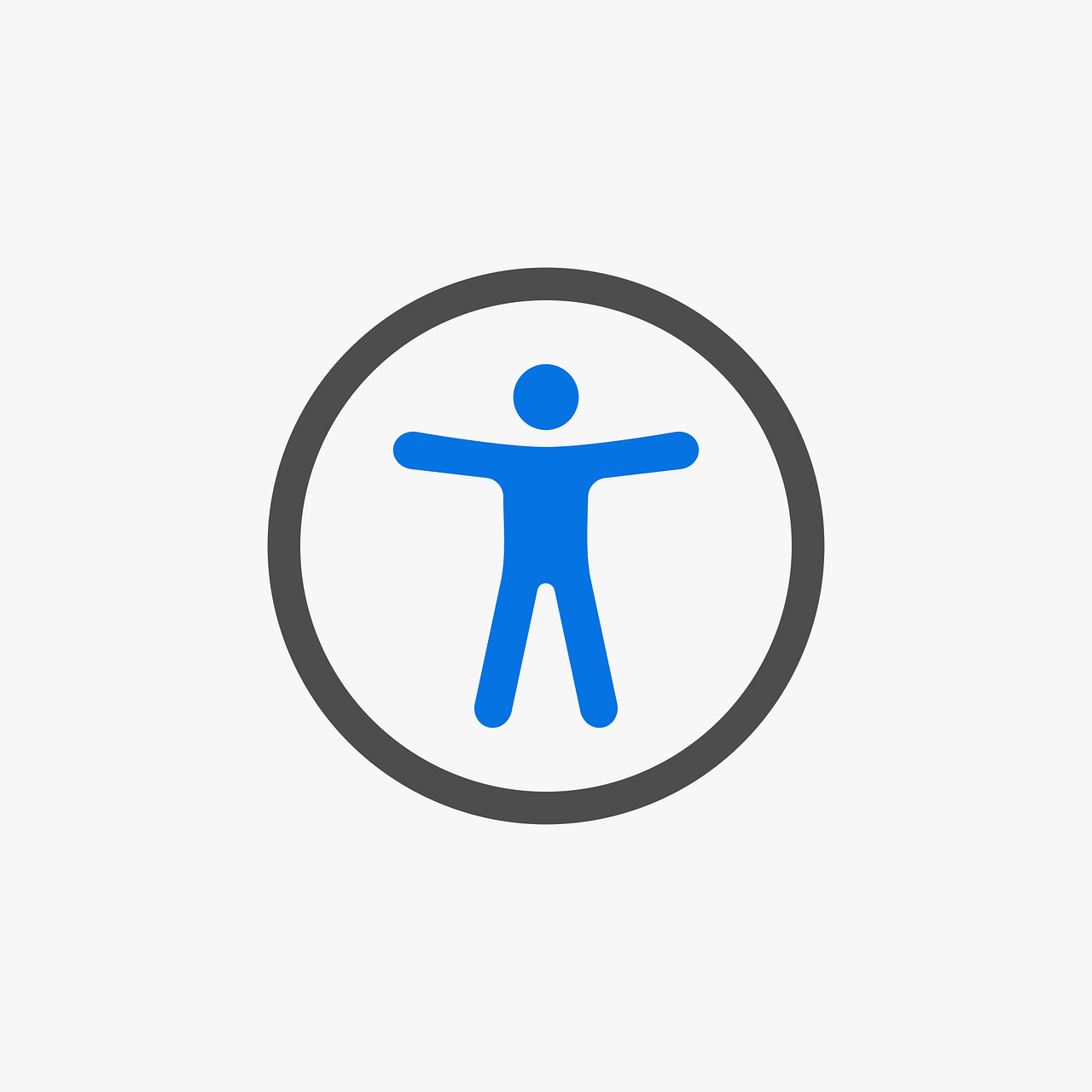 Accessibility logo in which a blue person in an x position is surrounded by a black circle.