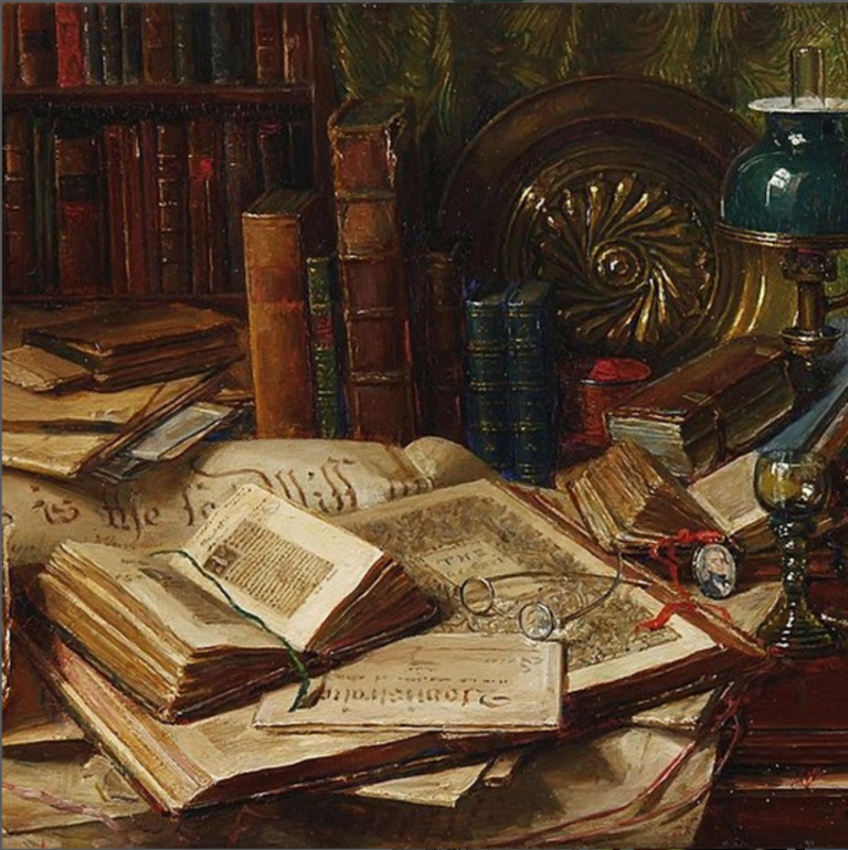 Kuvassa vanhoja kirjoja sekä muita esineitä pinossa työpöydällä