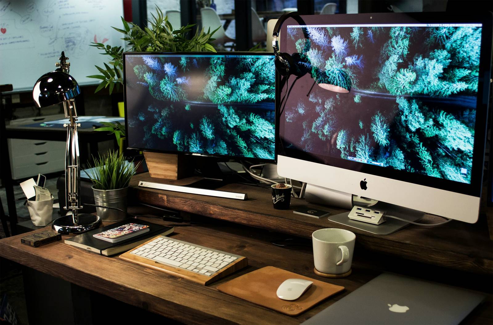 A neatly organized desk space with keyboard, mouse, notebooks, desk plants, a lamp, and a mug. Two computer monitors show mirror images of a forrest from a birds eye view.