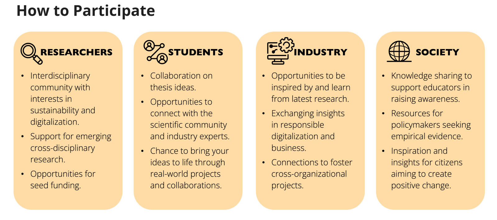 List of ways to participate in DigiSus activities to different stakeholders