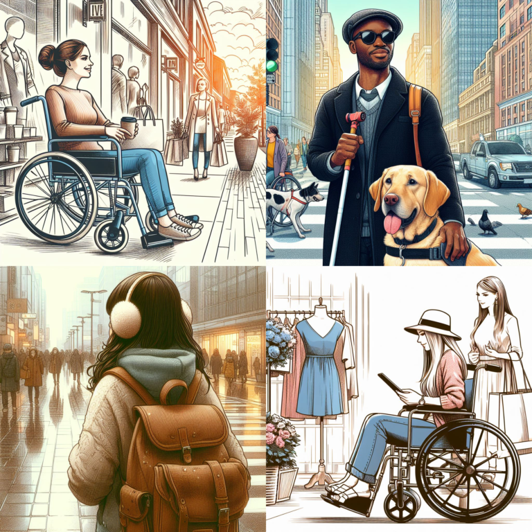 The collage of four images features a woman in a wheelchair on the street with a coffee cup in her lap, a man with a guide dog and a white cane, a girl with her back turned wearing a backpack and headphones, and a woman in a wheelchair shopping for clothes with her friend.