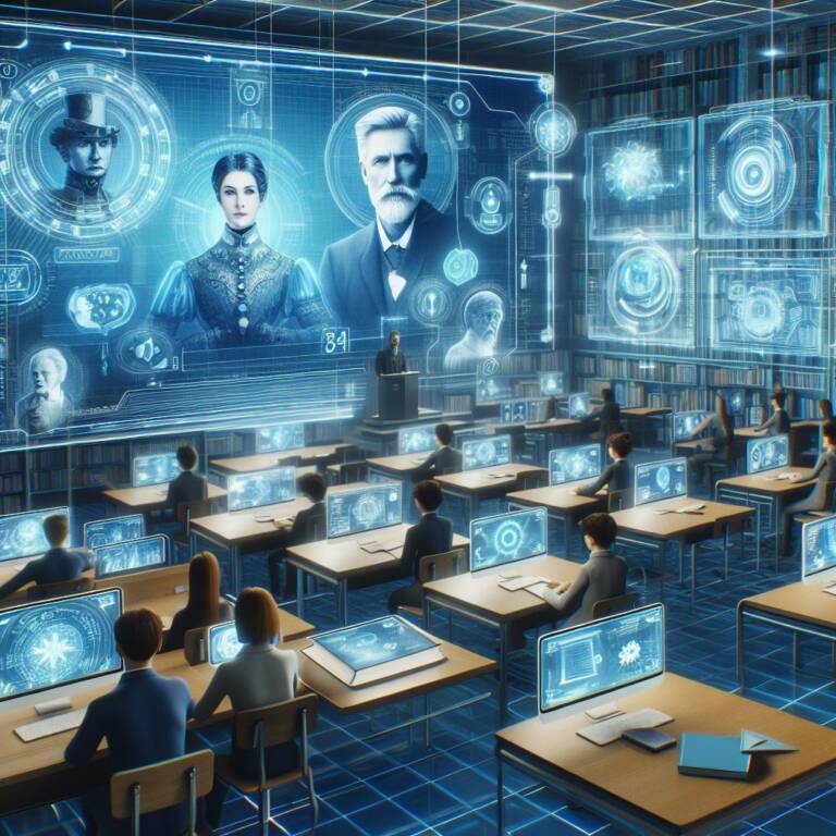 Futuristic classroom with students looking at their own screens and large holographs. Someone is giving a lecture.