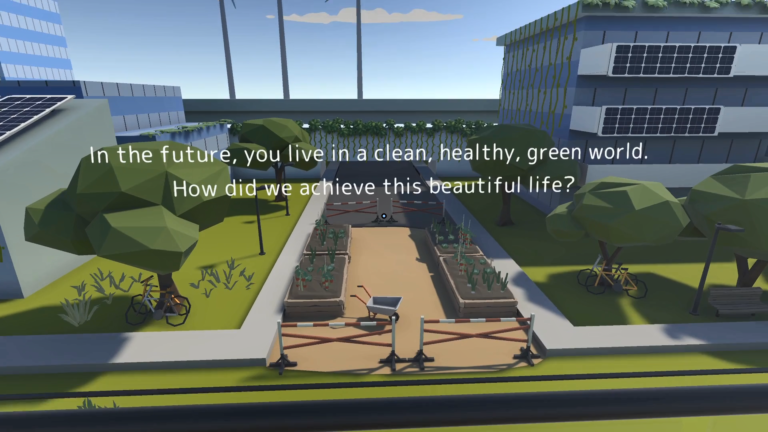 Screenshot from the game Climate Connected: Outbreak, is shows a community garden area between buildings.