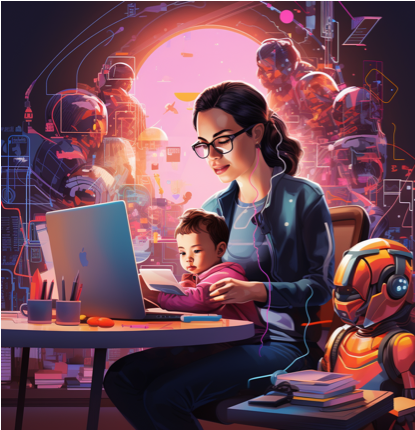 Woman and a child on computer surrounded by robots.