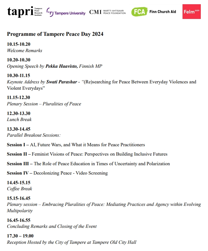 Programme of Tampere Peace Day 2024