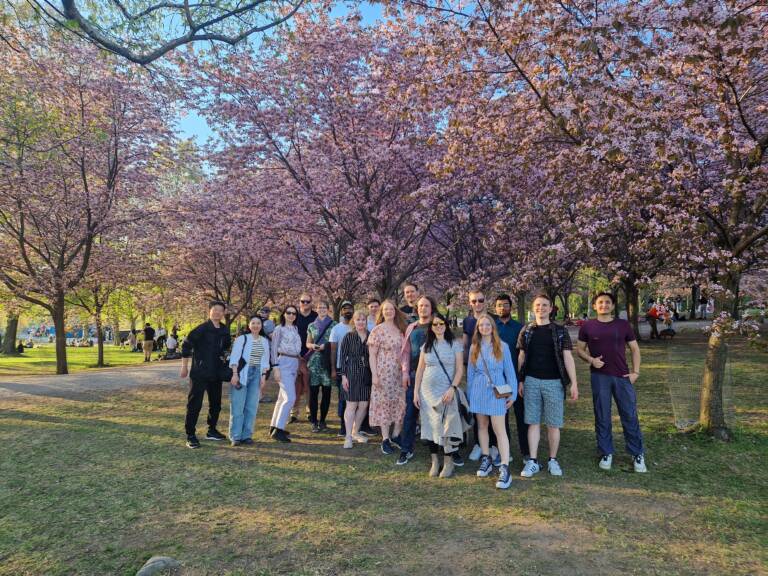 SPM group, 17 people standing under a cherry blossoming tree.